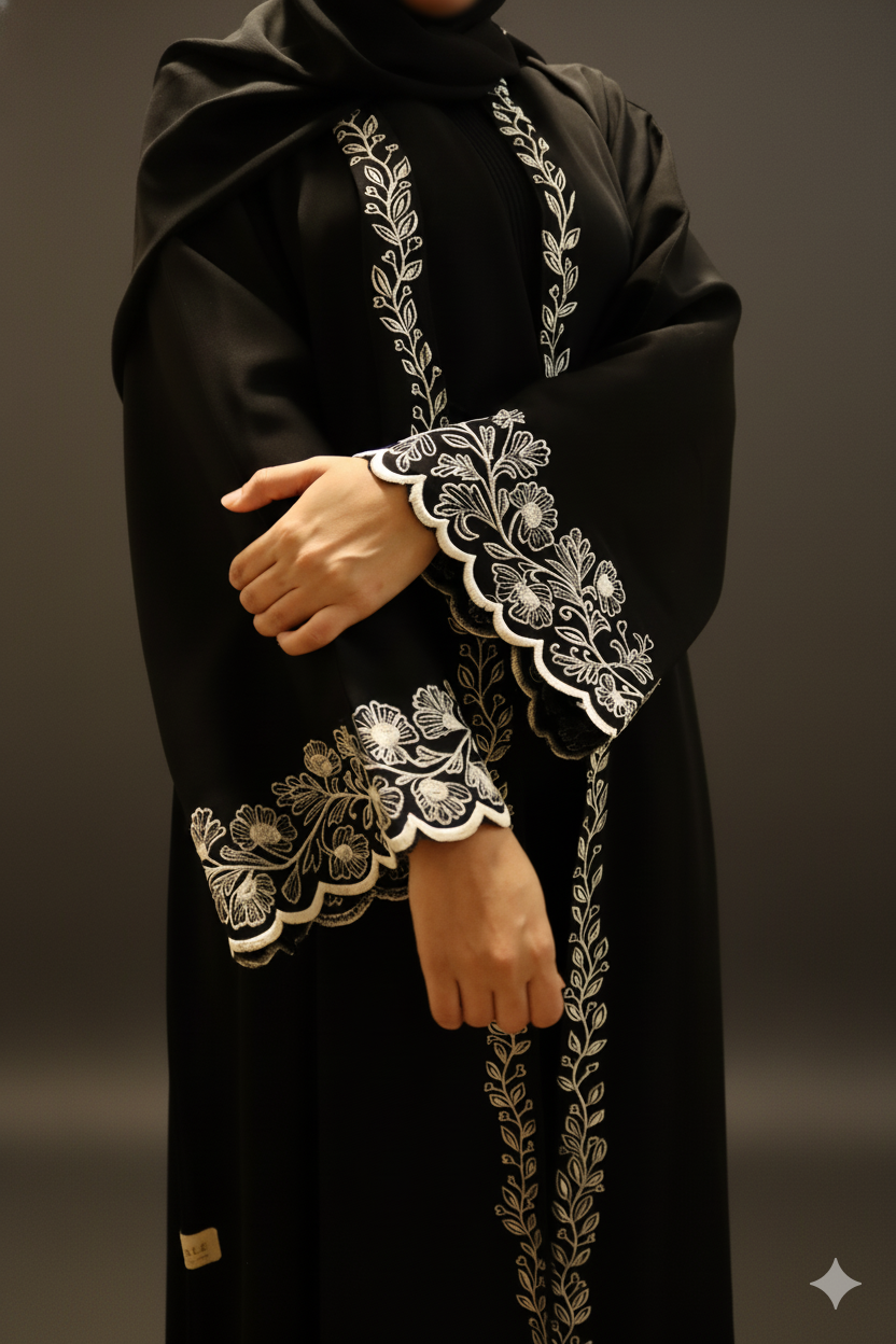 White Embroidered Abaya - Black