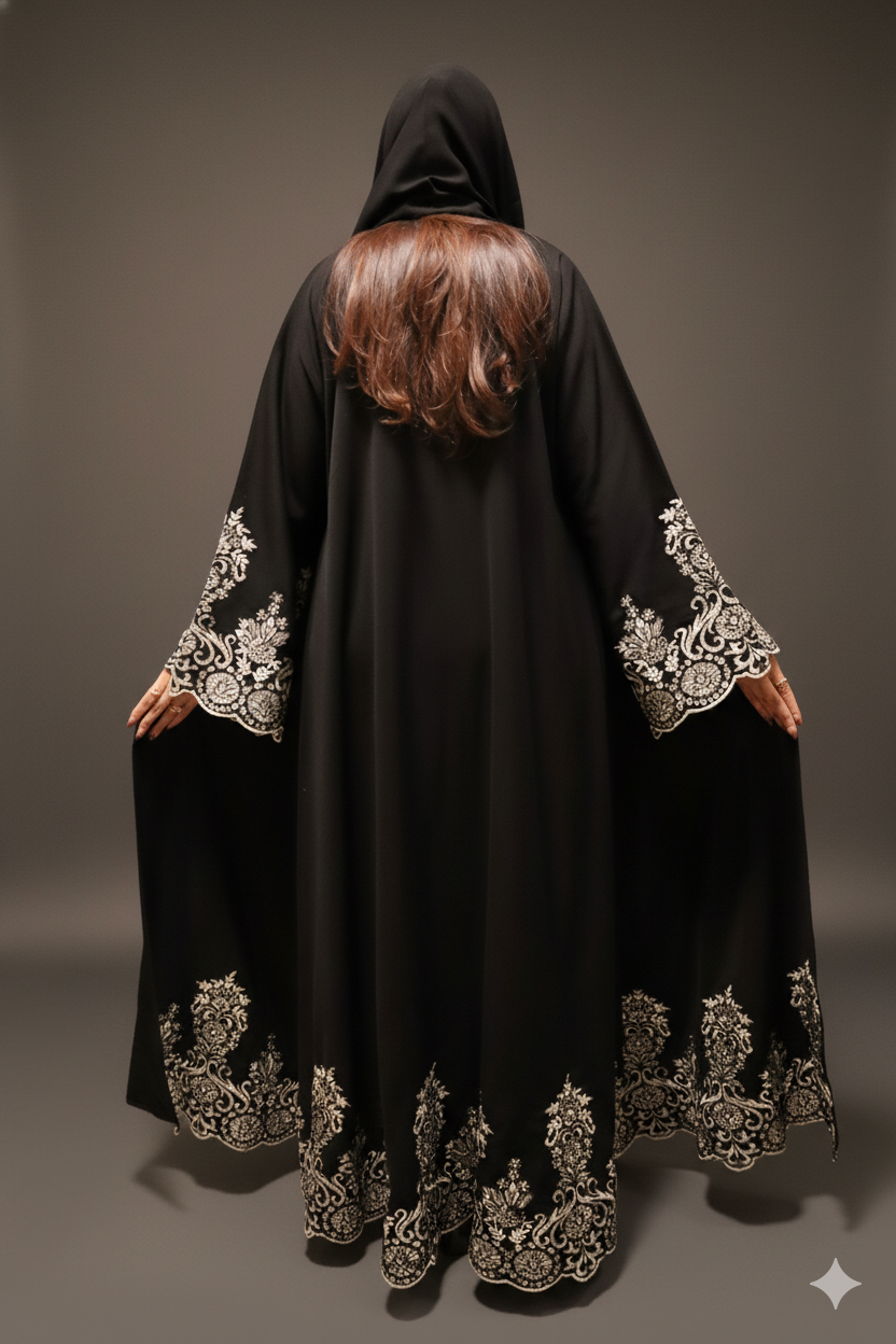 Luxe Black Abaya with Golden Ornate Lace