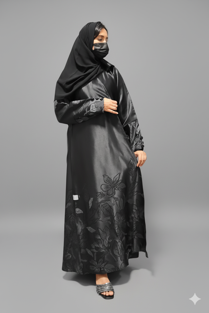 Elegant Black Abaya with Floral Design