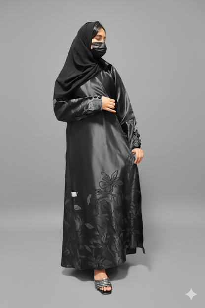 Elegant Black Abaya with Floral Design