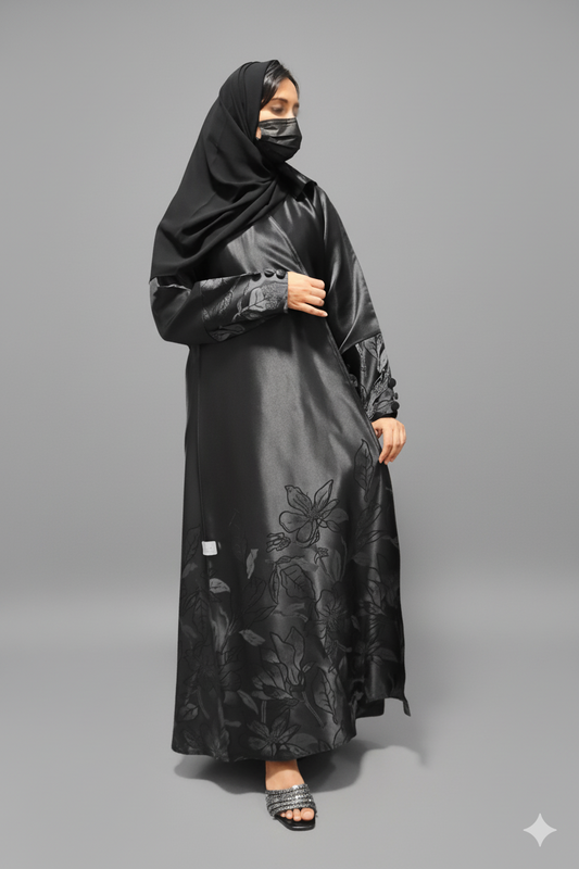 Elegant Black Abaya with Floral Design