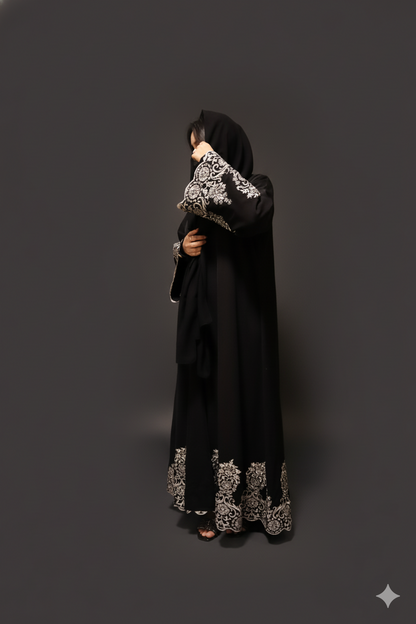 Luxe Black Abaya with Golden Ornate Lace