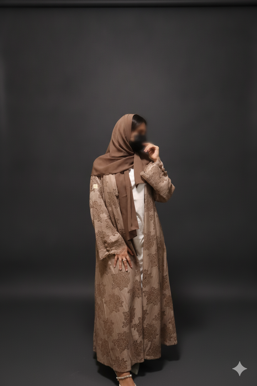 Mocha Blossom Open Abaya with Hijab