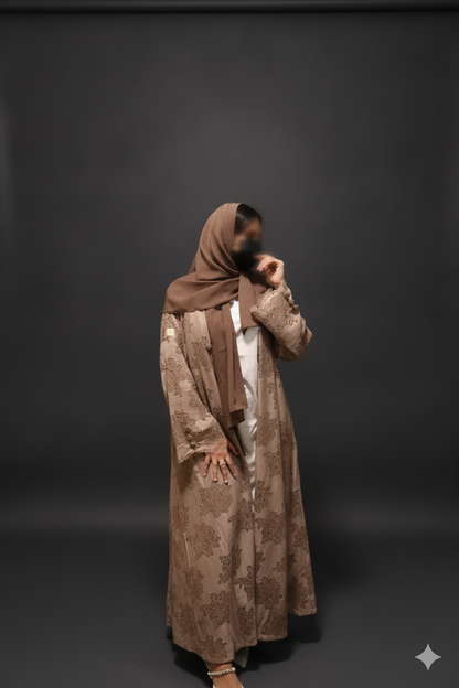 Mocha Blossom Open Abaya with Hijab