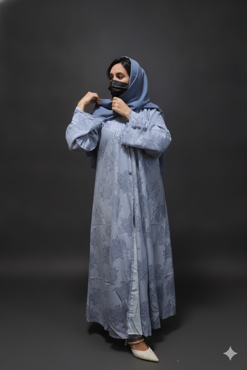 Luxurious Light Blue Abaya with Matching Hijab