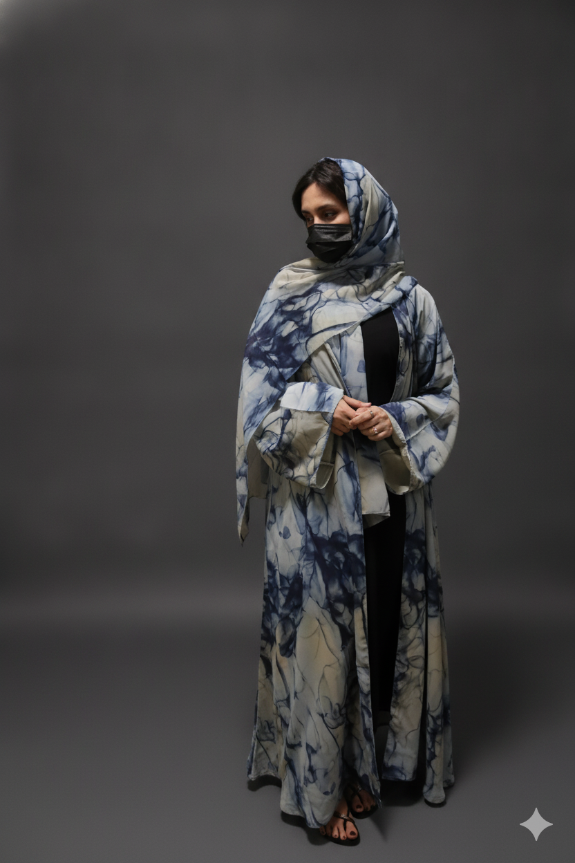 Indigo Marble Open Abaya with Hijab