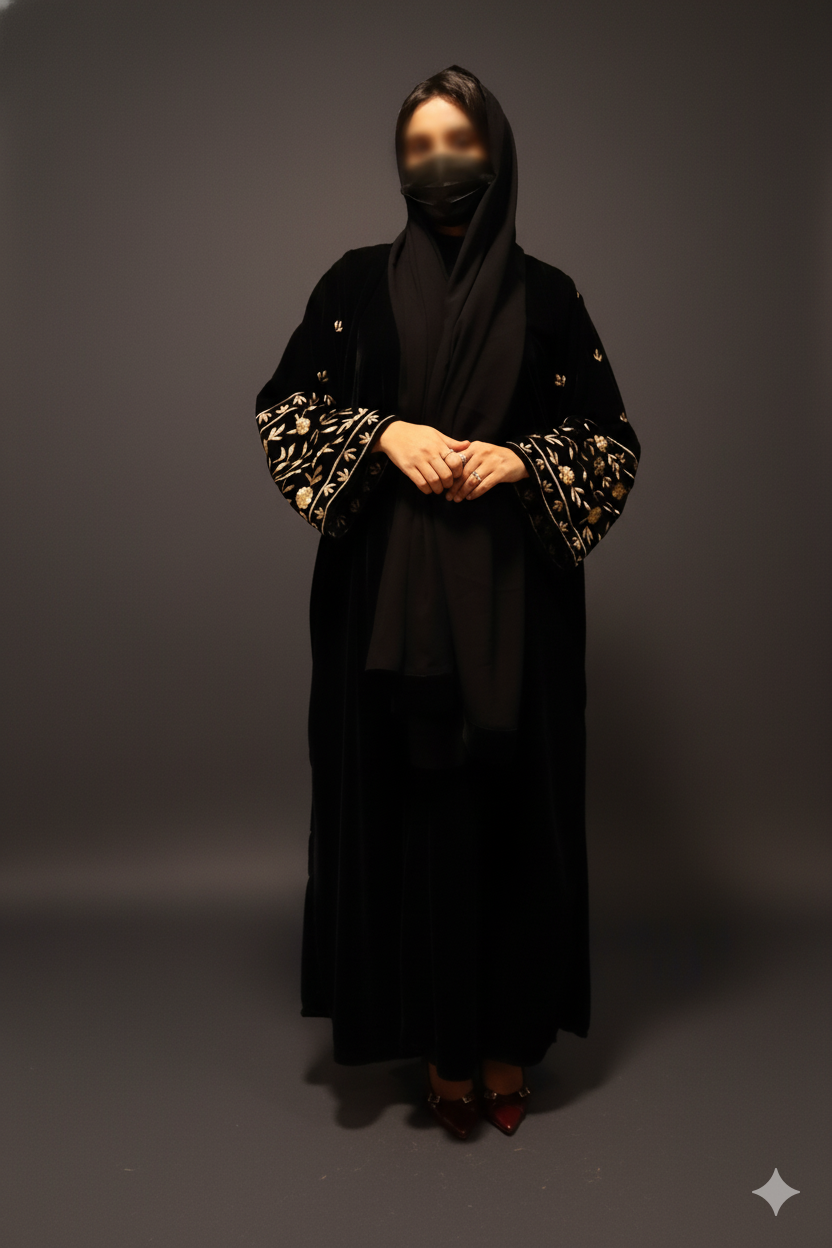Embroidered Velvet Abaya - Black