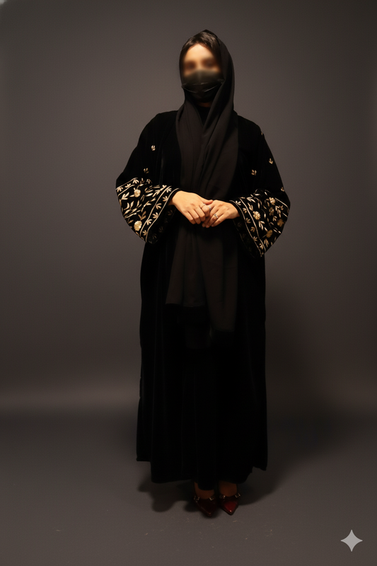 Embroidered Velvet Abaya - Black