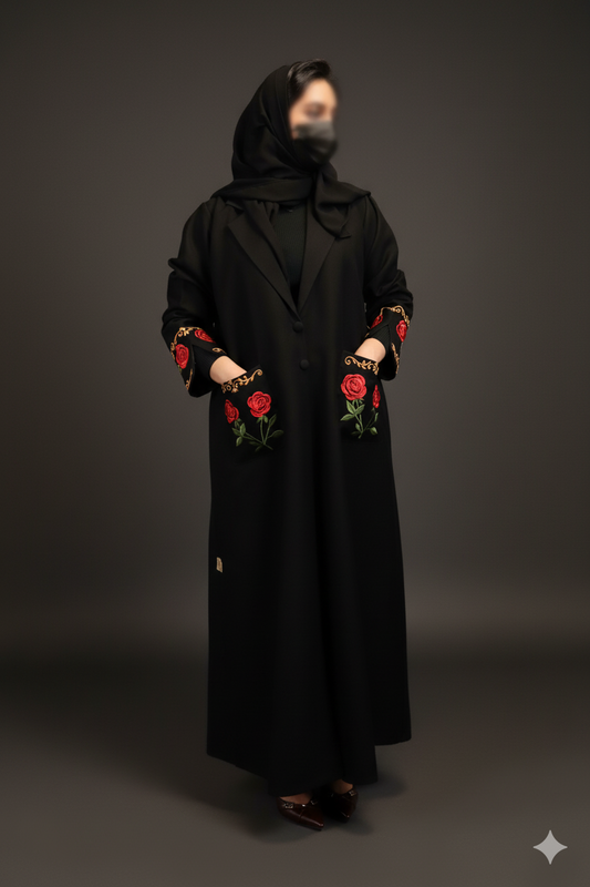Embroidered Coat-Style Abaya - Black