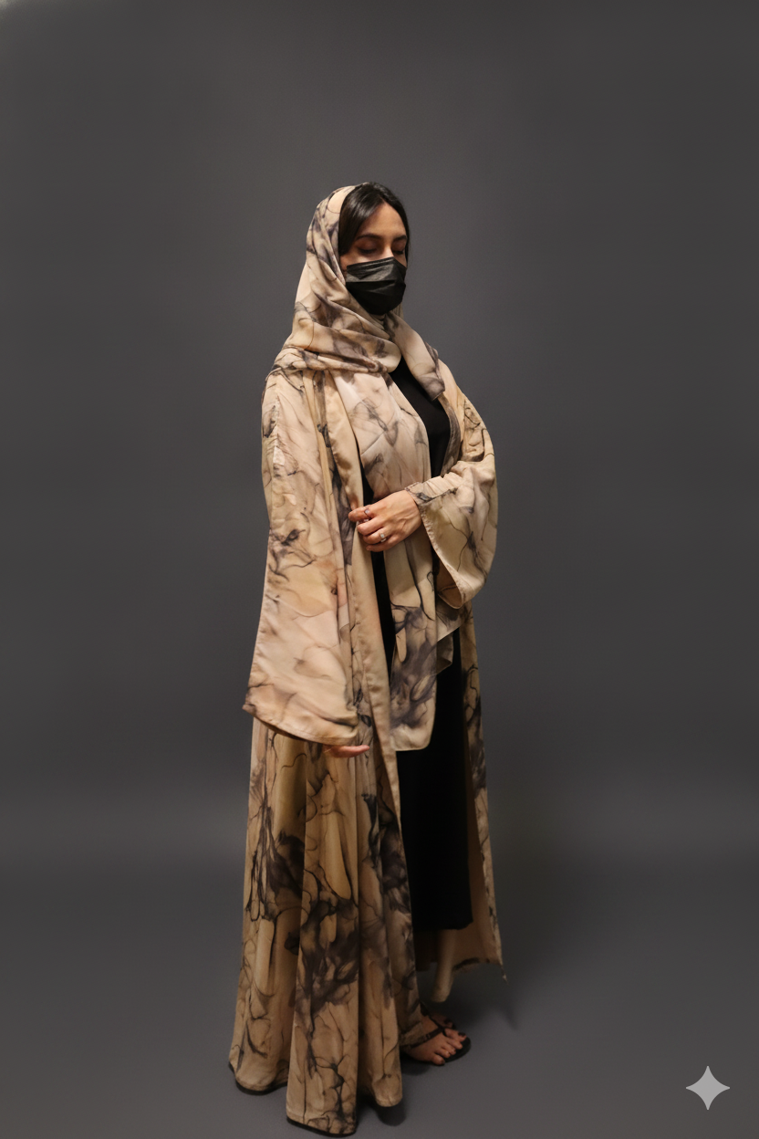Sand Marble Open Abaya with Hijab