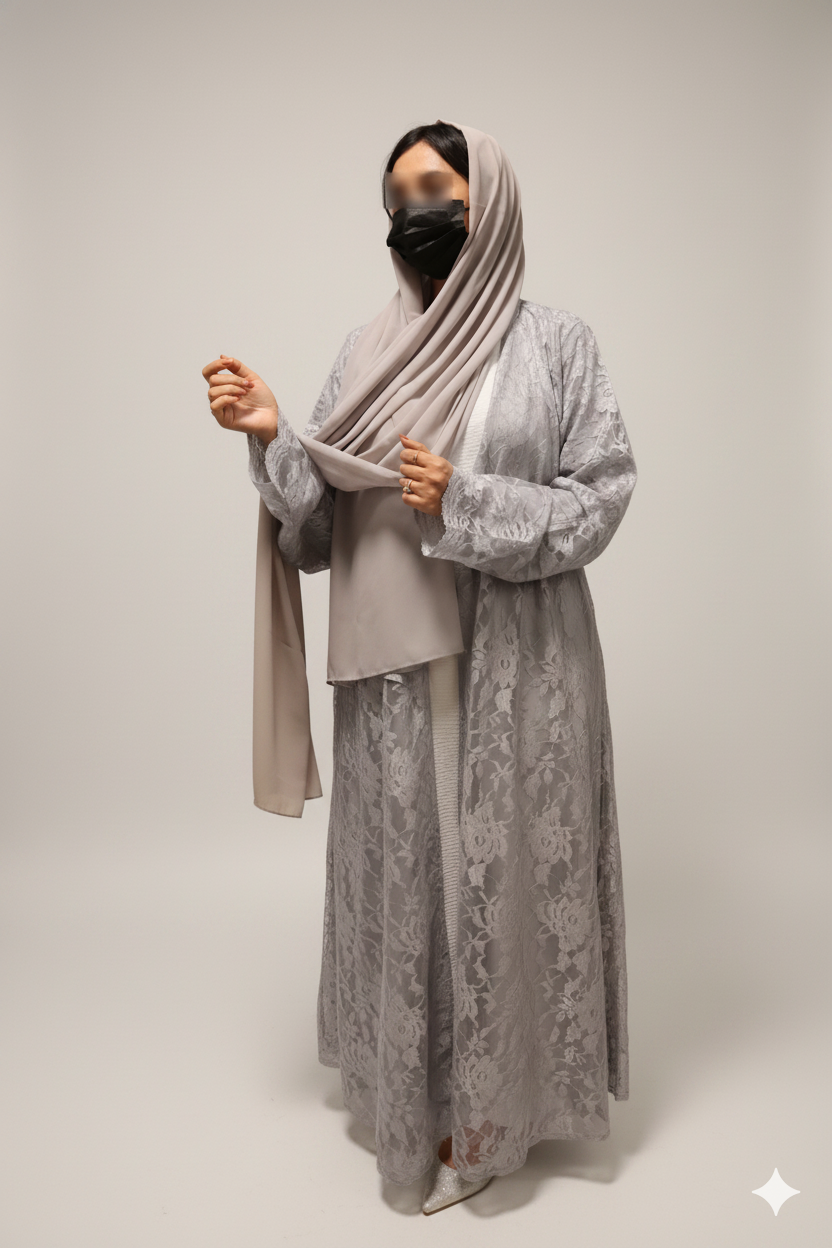 Elegant Gray Abaya with Lace Fabric