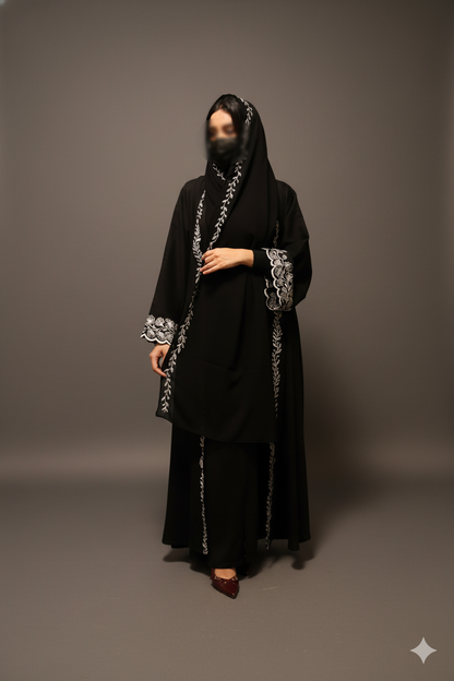 White Embroidered Abaya - Black