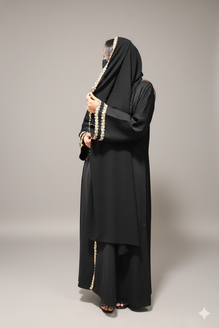 Black Abaya with Floral Embellishments
