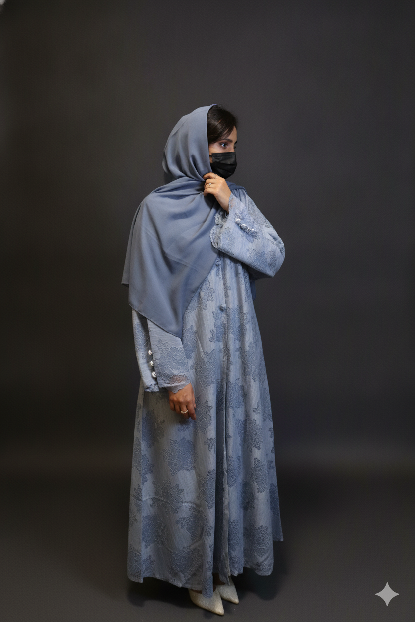Luxurious Light Blue Abaya with Matching Hijab