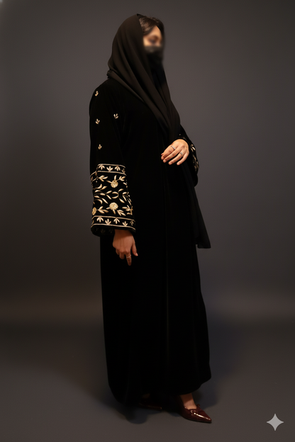 Embroidered Velvet Abaya - Black
