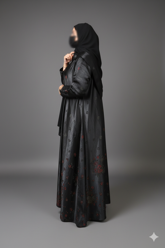 Black Abaya with Artistic Floral Print