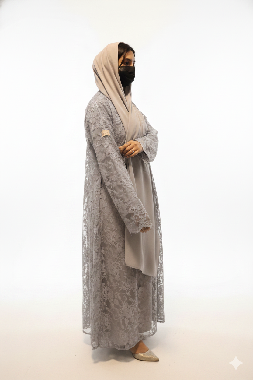 Elegant Gray Abaya with Lace Fabric