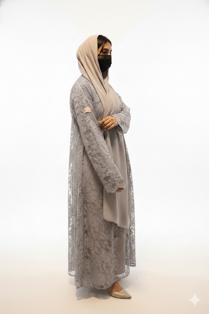 Elegant Gray Abaya with Lace Fabric