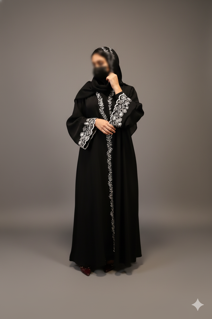 White Embroidered Abaya - Black