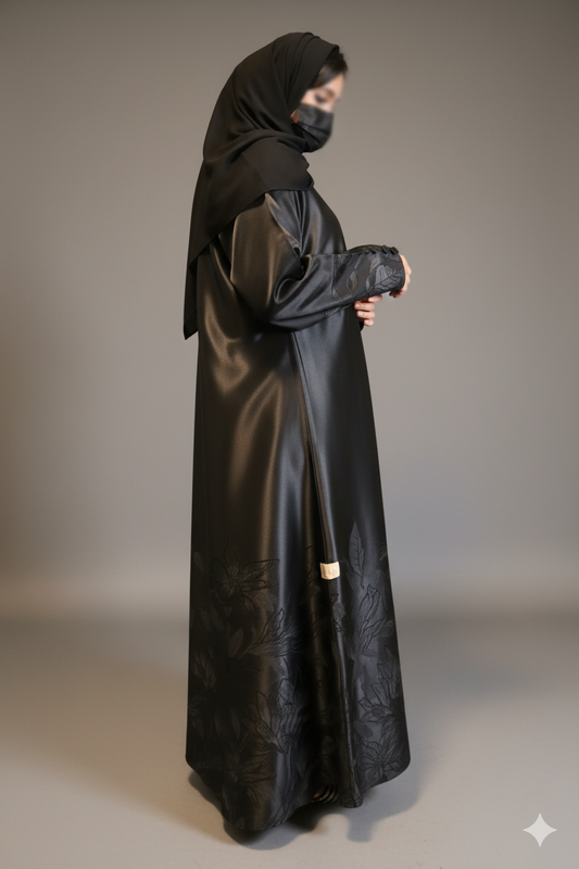 Elegant Black Abaya with Floral Design