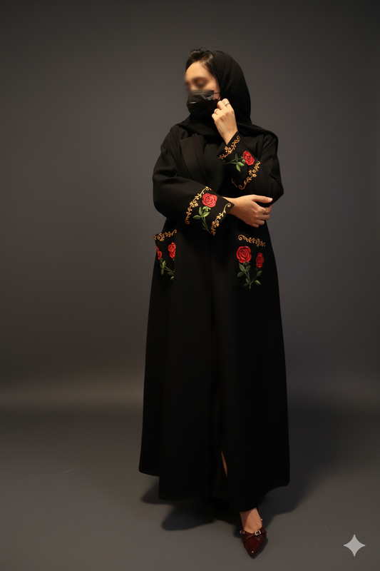 Embroidered Coat-Style Abaya - Black