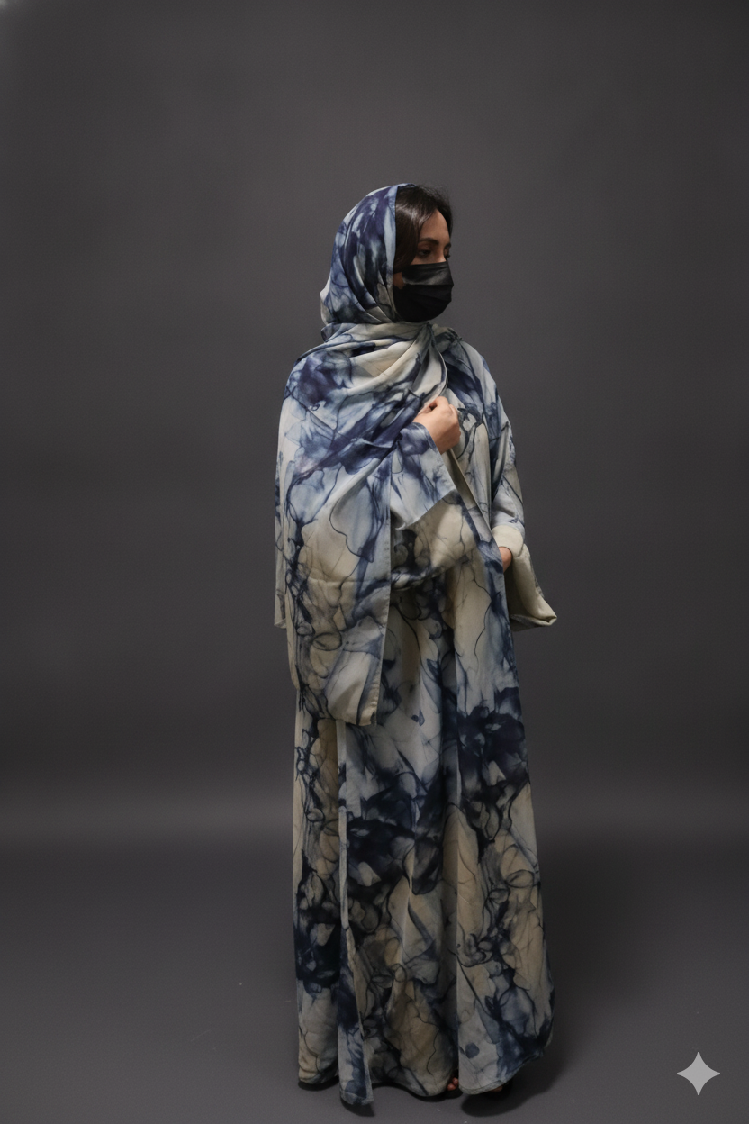 Indigo Marble Open Abaya with Hijab