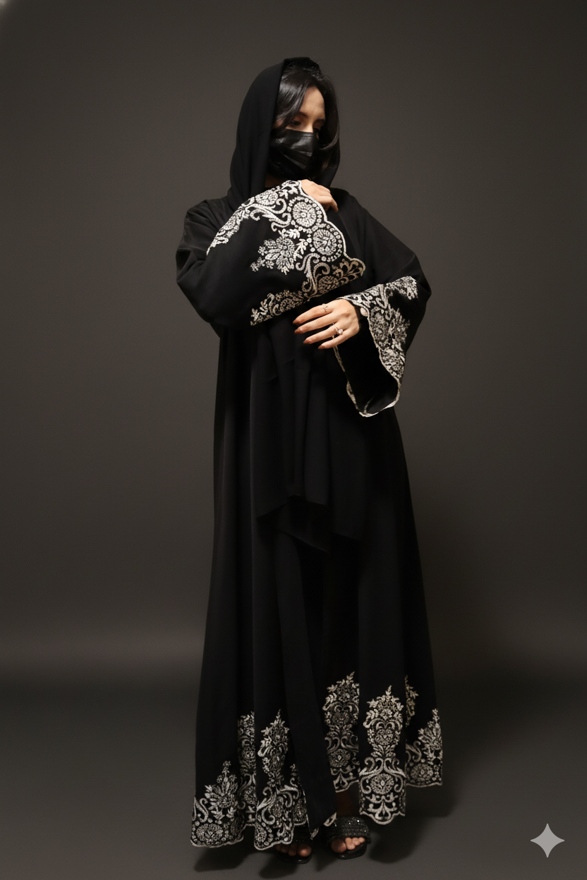Luxe Black Abaya with Golden Ornate Lace
