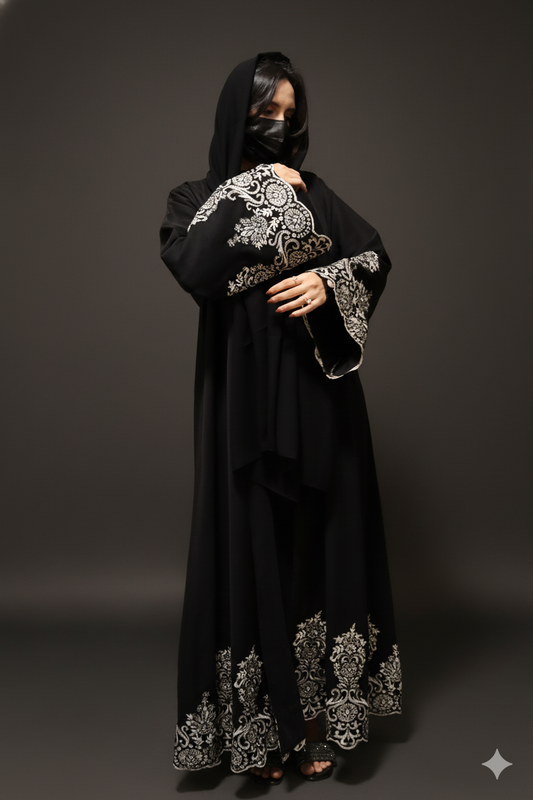 Luxe Black Abaya with Golden Ornate Lace