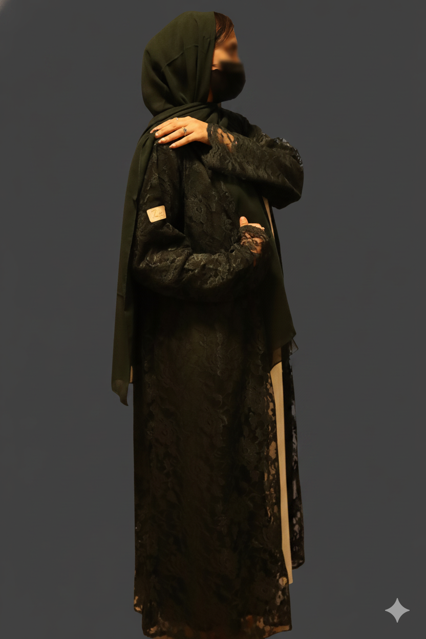 Luxe Dark Green Abaya with Lace Fabric