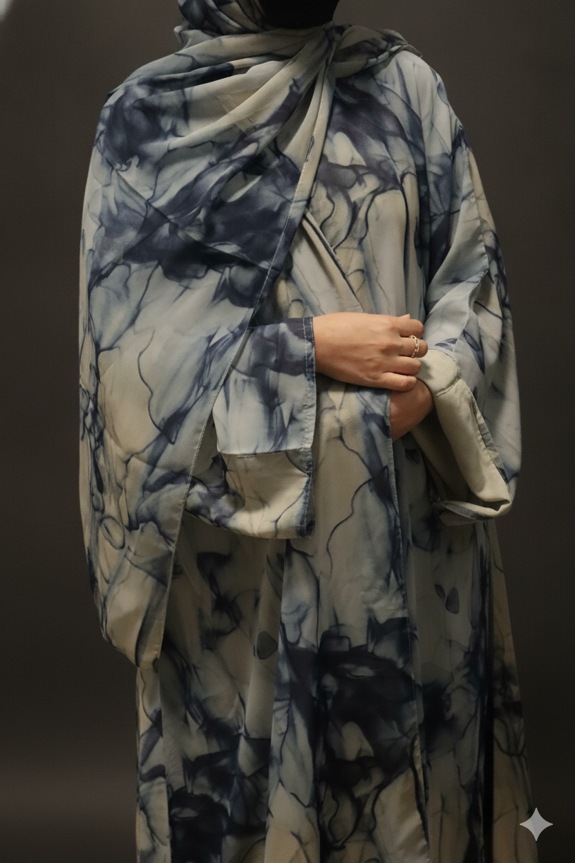 Indigo Marble Open Abaya with Hijab