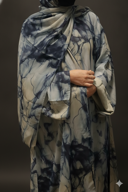 Indigo Marble Open Abaya with Hijab