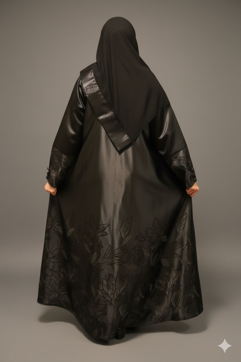 Elegant Black Abaya with Floral Design