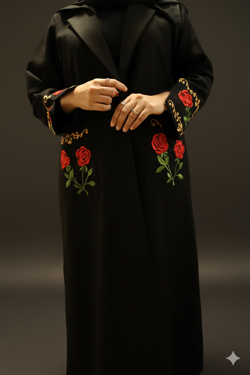 Embroidered Coat-Style Abaya - Black