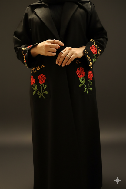 Embroidered Coat-Style Abaya - Black