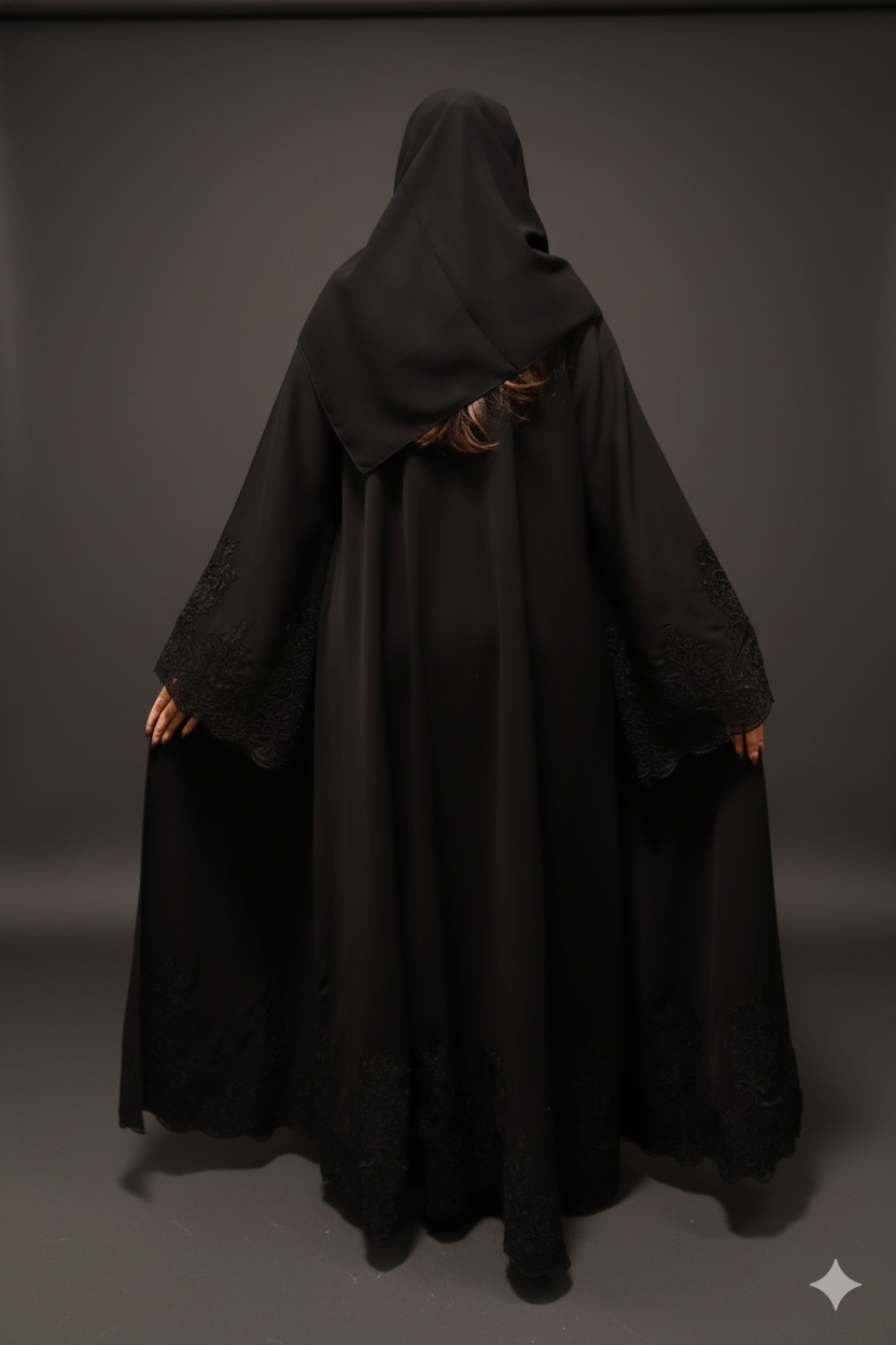 Luxe Black Abaya with Ornate Lace