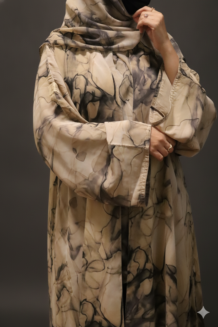 Sand Marble Open Abaya with Hijab