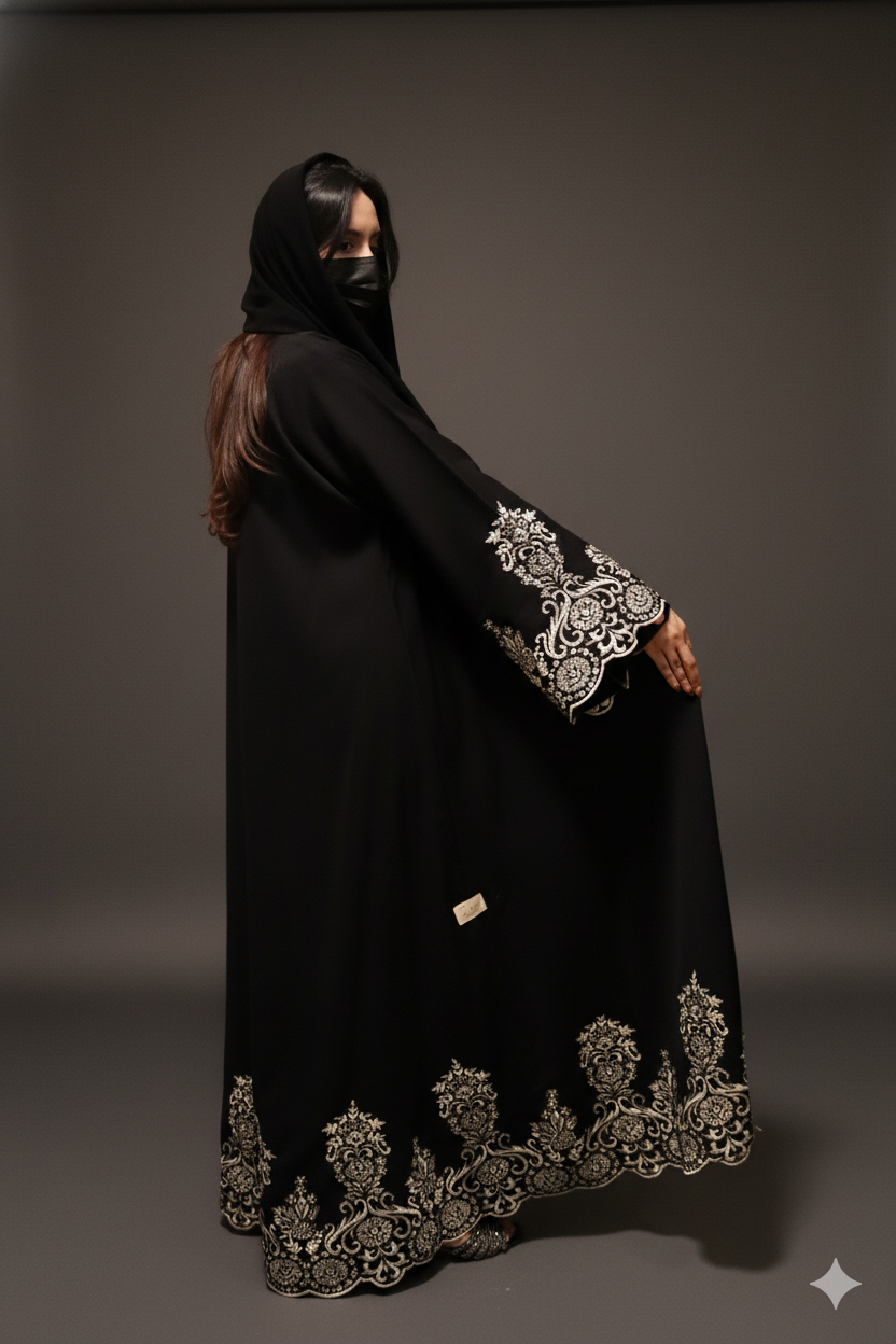 Luxe Black Abaya with Golden Ornate Lace