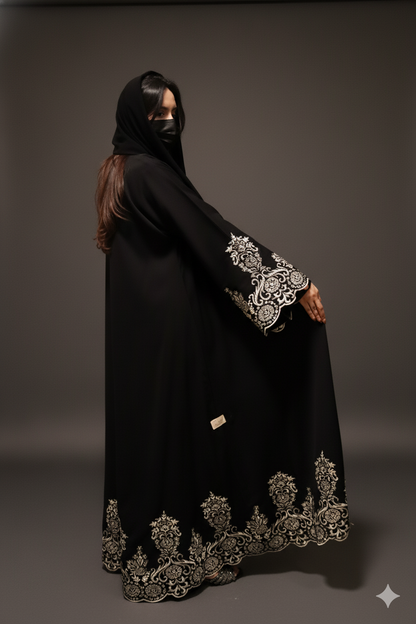 Luxe Black Abaya with Golden Ornate Lace