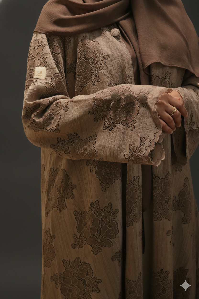 Mocha Blossom Open Abaya with Hijab