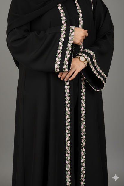 Black Abaya with Floral Embellishments