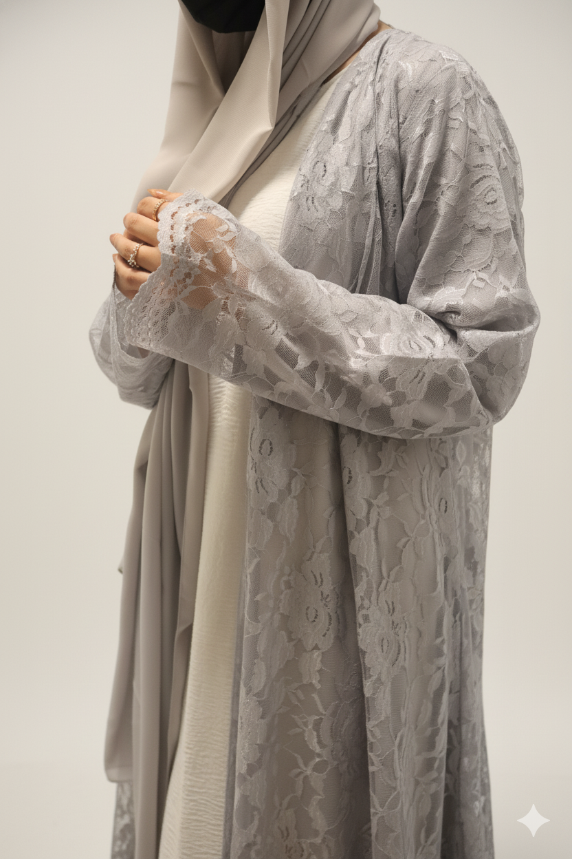 Elegant Gray Abaya with Lace Fabric