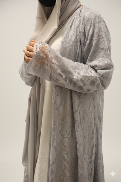Elegant Gray Abaya with Lace Fabric