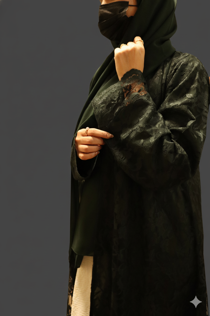 Luxe Dark Green Abaya with Lace Fabric